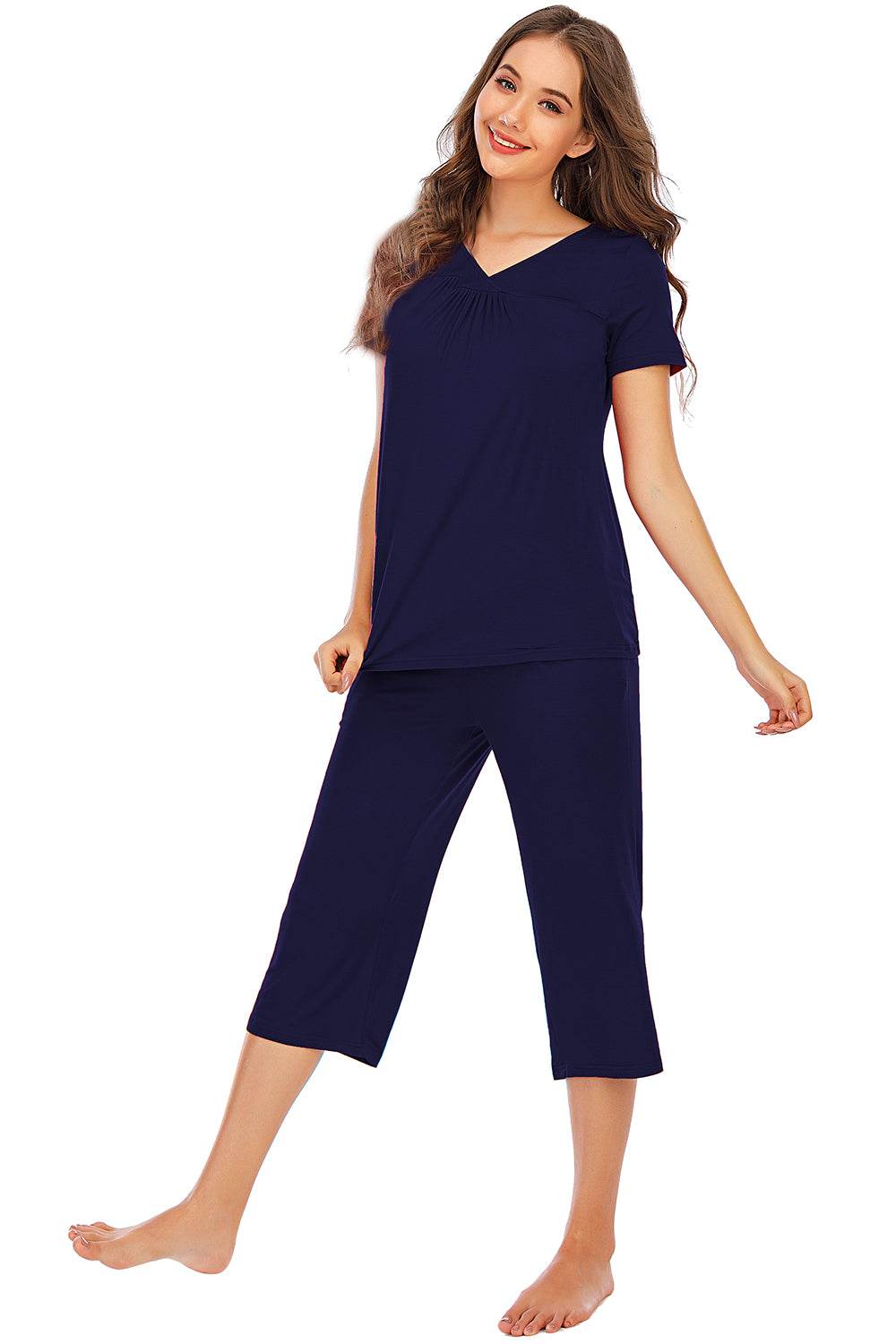 V-Neck Short Sleeve Top and Pants Lounge Set - DaTrendStore.Com