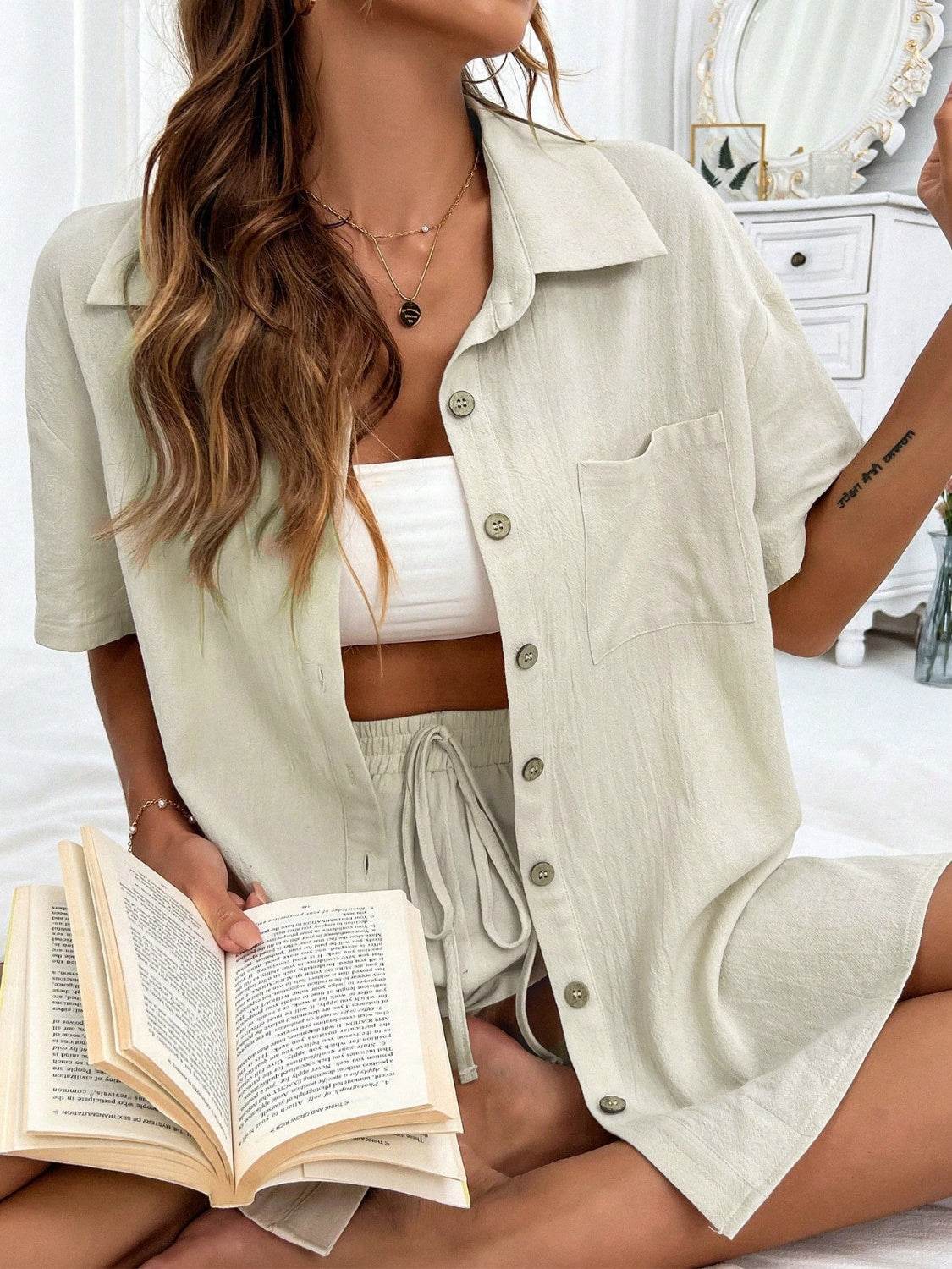 Honey Button Up Half Sleeve Top and Shorts Set - DaTrendStore.Com