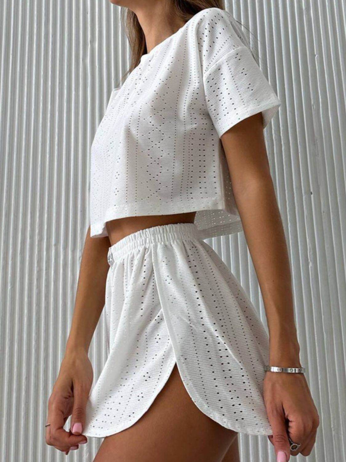 Eyelet Round Neck Top and Shorts Set - DaTrendStore.Com