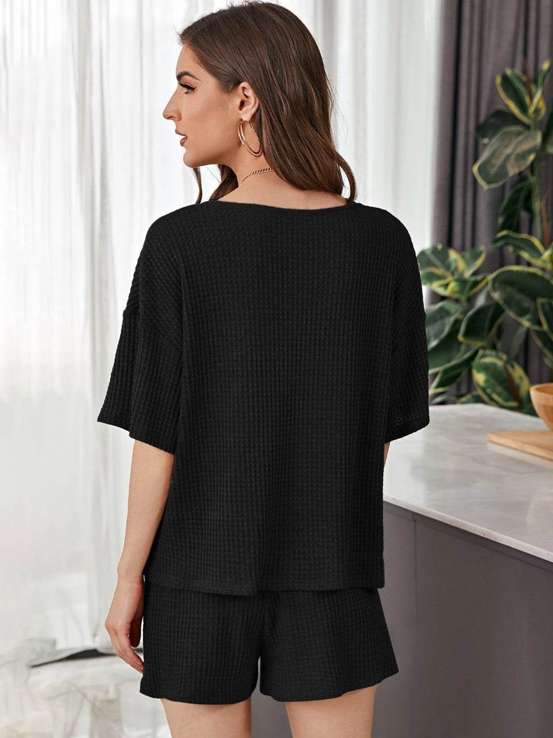 Full Size Waffle-Knit Dropped Shoulder Top and Shorts Set - DaTrendStore.Com