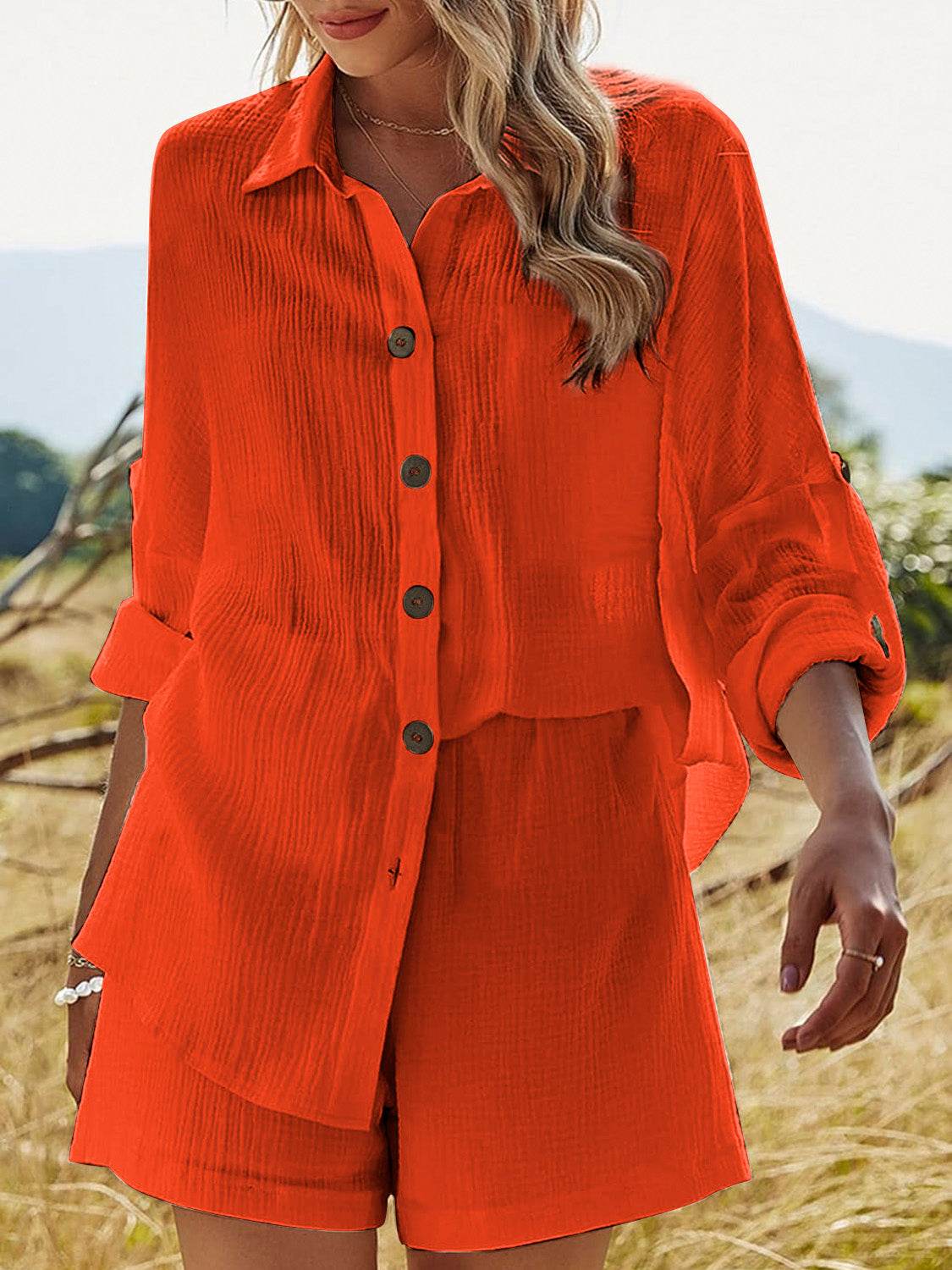 Texture Button Up Shirt and Shorts Set - DaTrendStore.Com