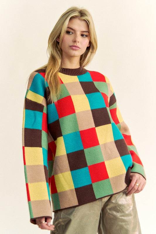 Davi & Dani Color Block Checkered Dropped Shoulder Sweater - DaTrendStore.Com