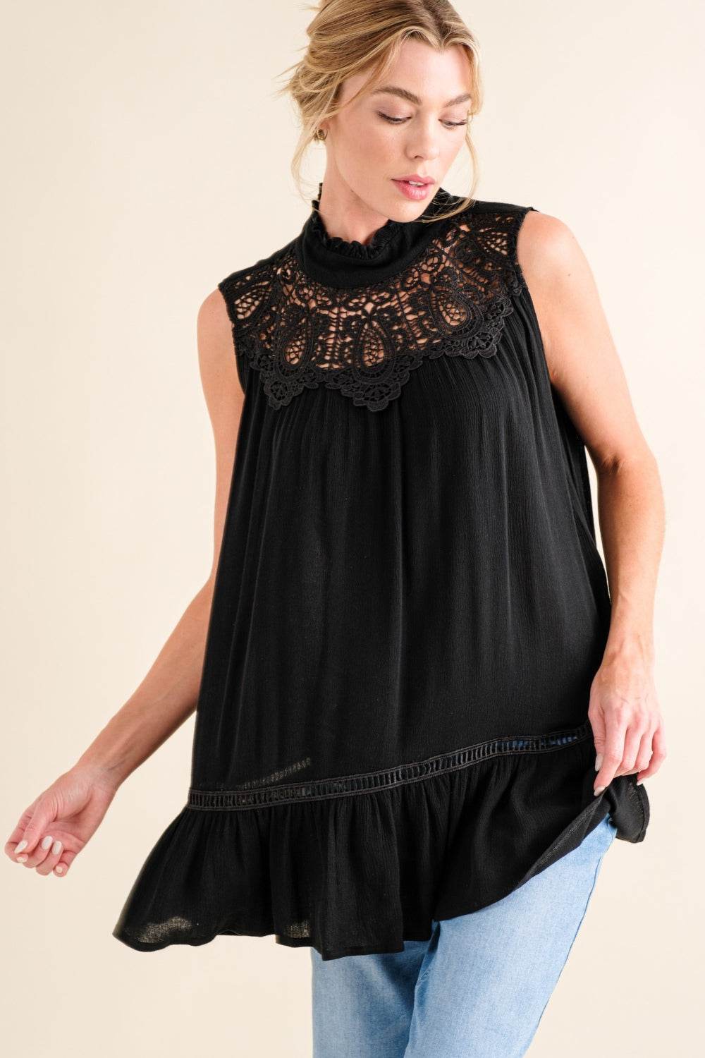 And The Why Lace Detail Sleeveless Ruffled Top - DaTrendStore.Com