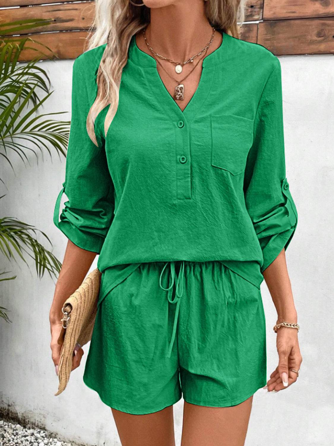 Notched Long Sleeve Top and Shorts Set - DaTrendStore.Com