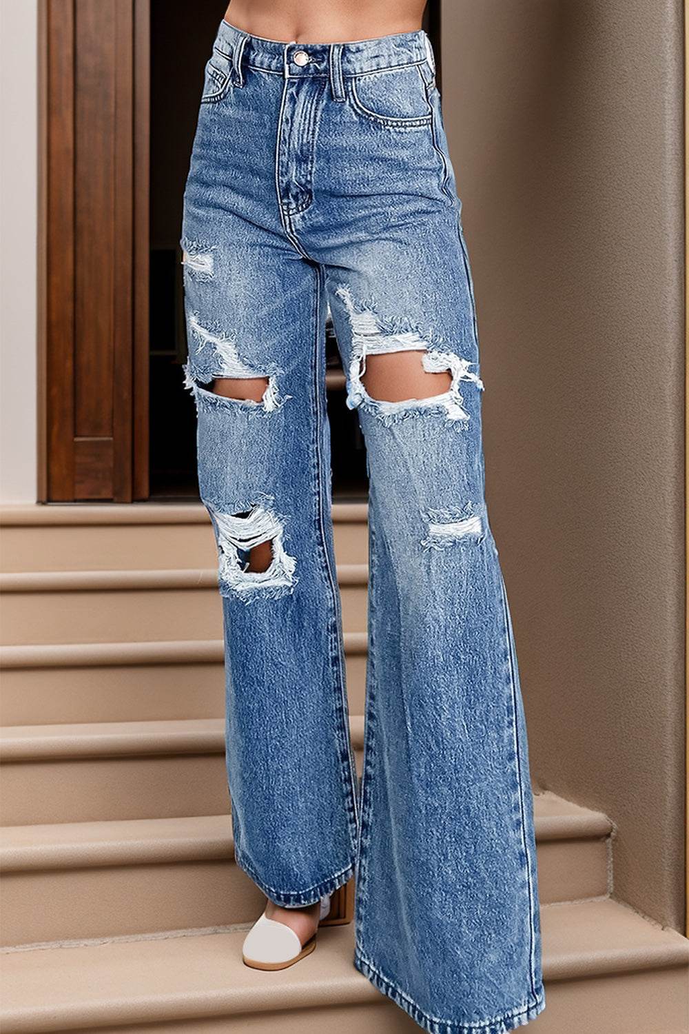 Distressed High Waist Bootcut Jeans - DaTrendStore.Com