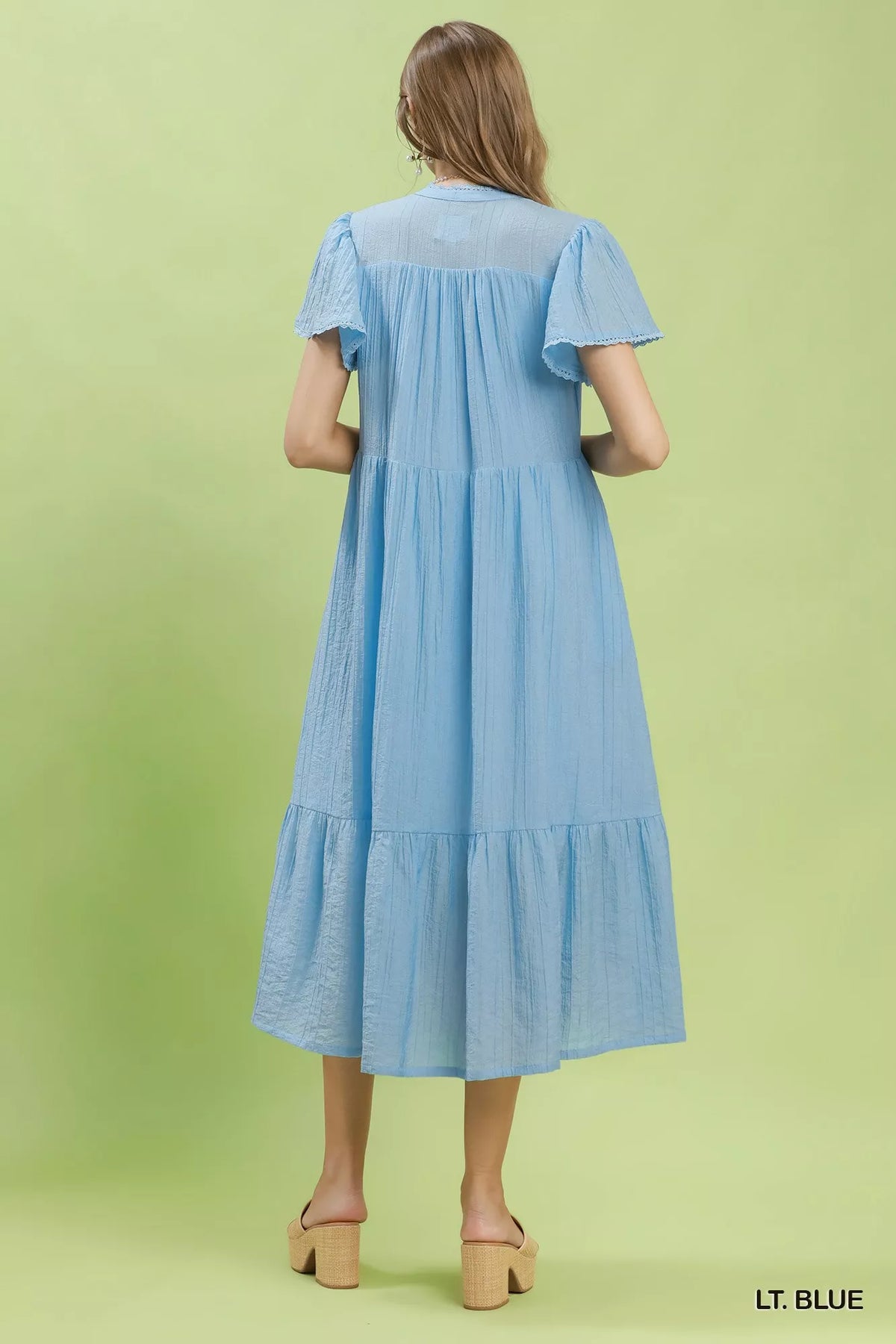 Umgee Textured Tiered Midi Dress with Side Pockets - Lt. Blue