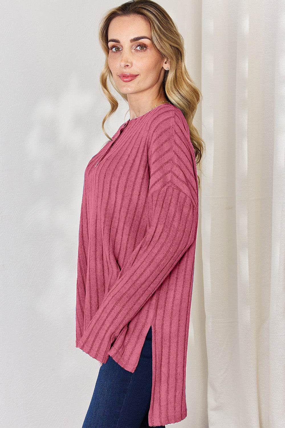 Basic Bae Full Size Ribbed Half Button Long Sleeve High-Low T-Shirt - DaTrendStore.Com