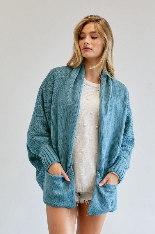 Pattern Knit Dolman Sleeve Solid Slouch Cardigan