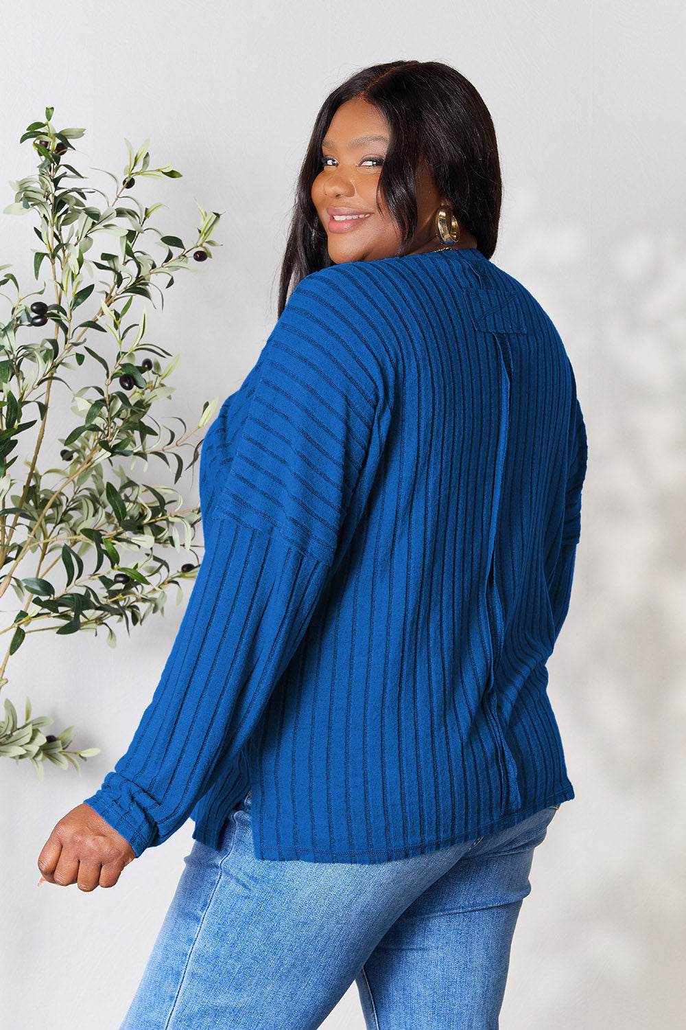 Basic Bae Full Size Ribbed Round Neck Slit Knit Top - DaTrendStore.Com
