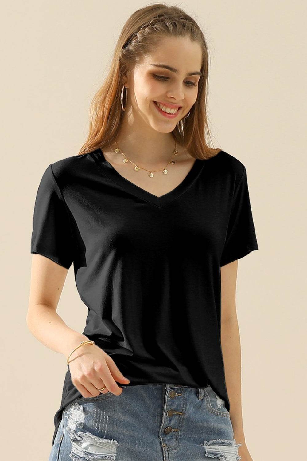Ninexis Full Size V-Neck Short Sleeve T-Shirt - DaTrendStore.Com