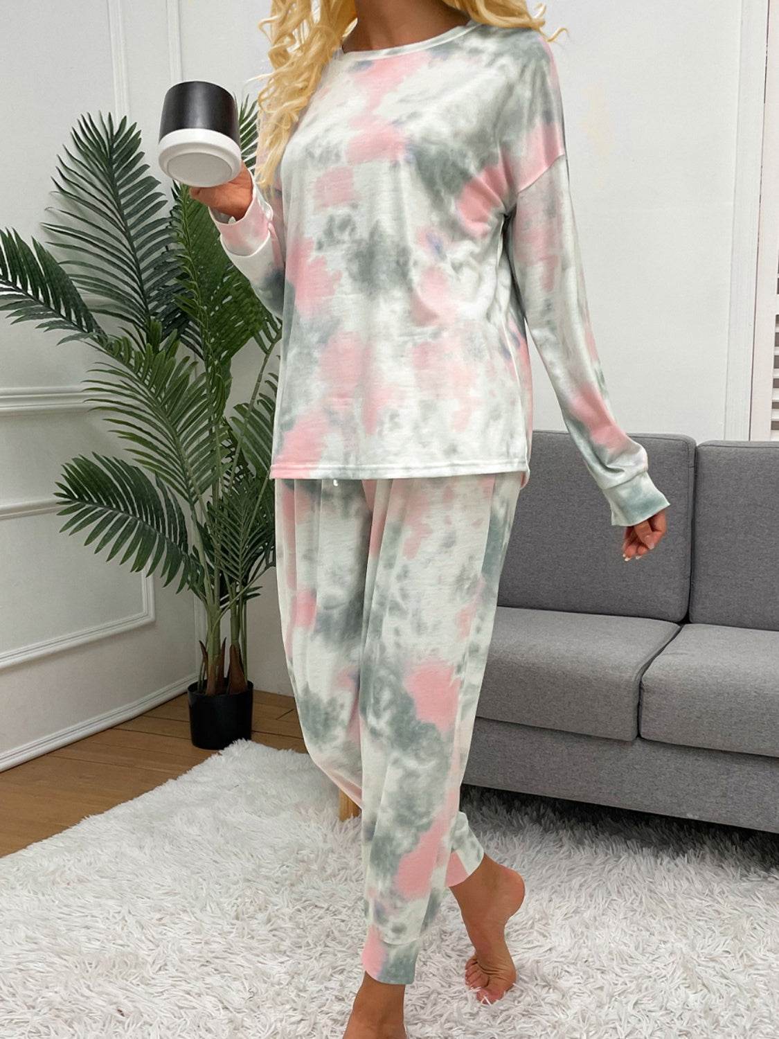 Shiny Tie-Dye Round Neck Top and Drawstring Pants Lounge Set - DaTrendStore.Com