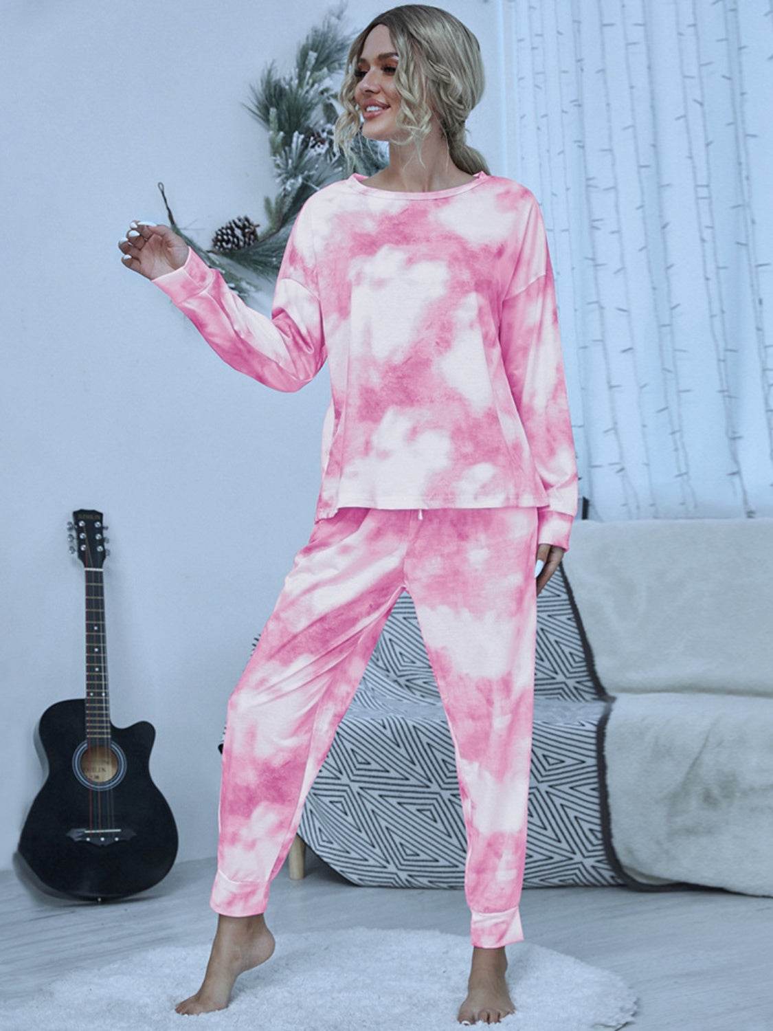 Shiny Tie-Dye Round Neck Top and Pants Lounge Set - DaTrendStore.Com