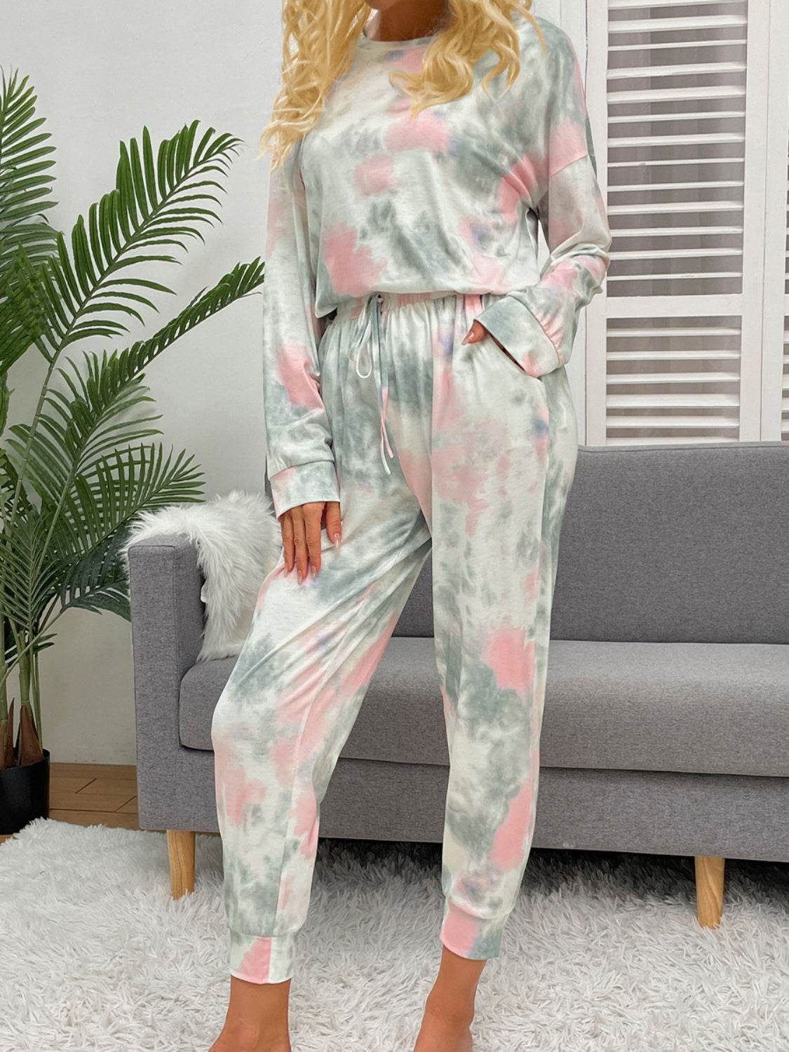 Shiny Tie-Dye Round Neck Top and Drawstring Pants Lounge Set - DaTrendStore.Com