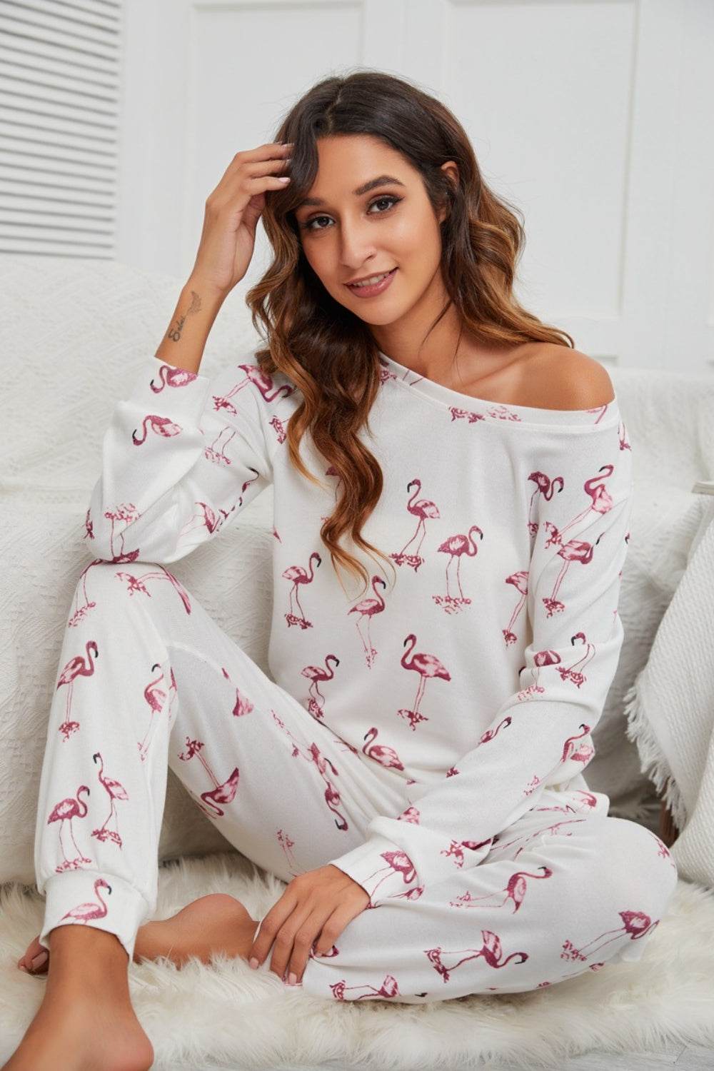 Flamingo Long Sleeve Top and Pants Lounge Set - DaTrendStore.Com