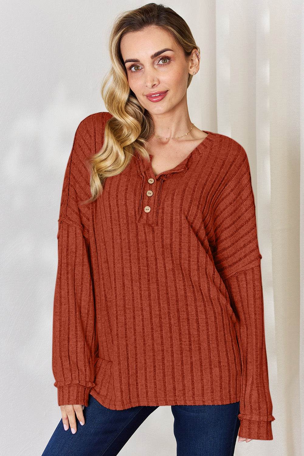 Basic Bae Full Size Ribbed Half Button Long Sleeve T-Shirt - DaTrendStore.Com