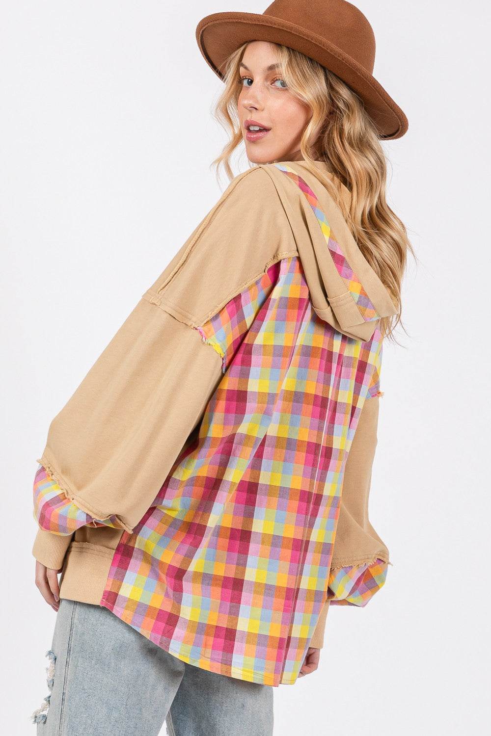 SAGE + FIG Full Size Plaid Print Washed Hoodie - DaTrendStore.Com