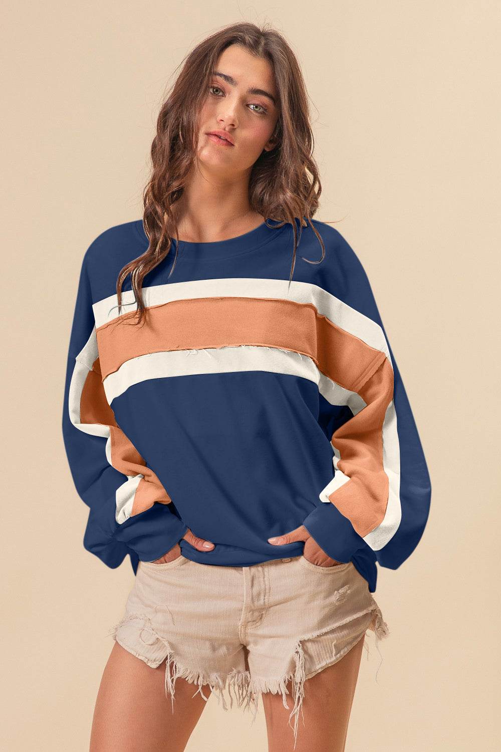 BiBi French Terry Color Block Cut Edge Detail Sweatshirt - DaTrendStore.Com