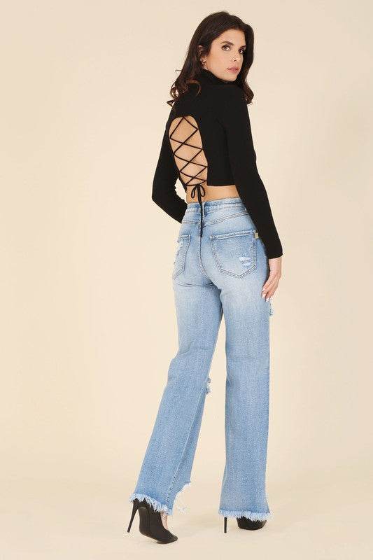 Mock neck lace-up open back top - DaTrendStore.Com