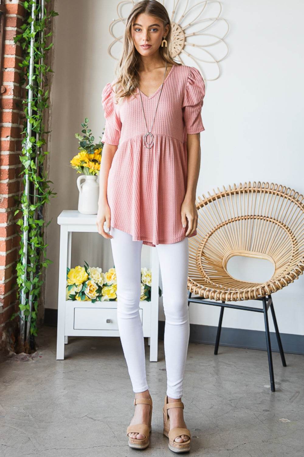 Heimish Full Size Waffle Knit V-Neck Babydoll Top - DaTrendStore.Com