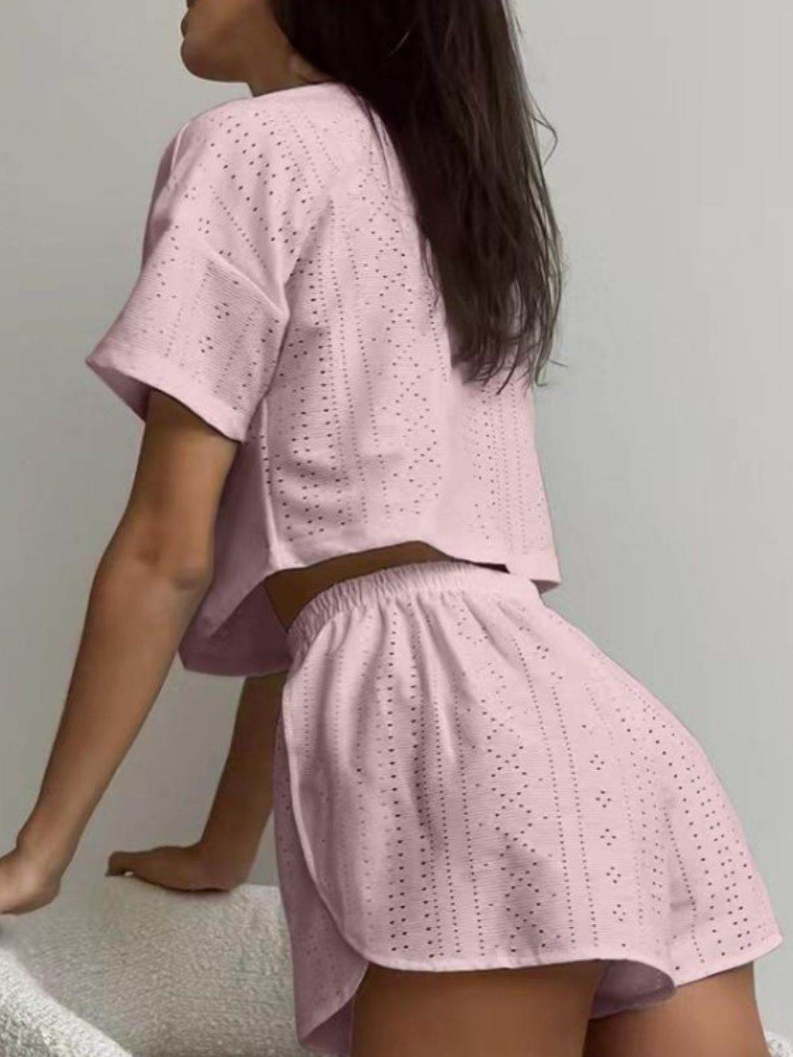 Eyelet Round Neck Top and Shorts Set - DaTrendStore.Com