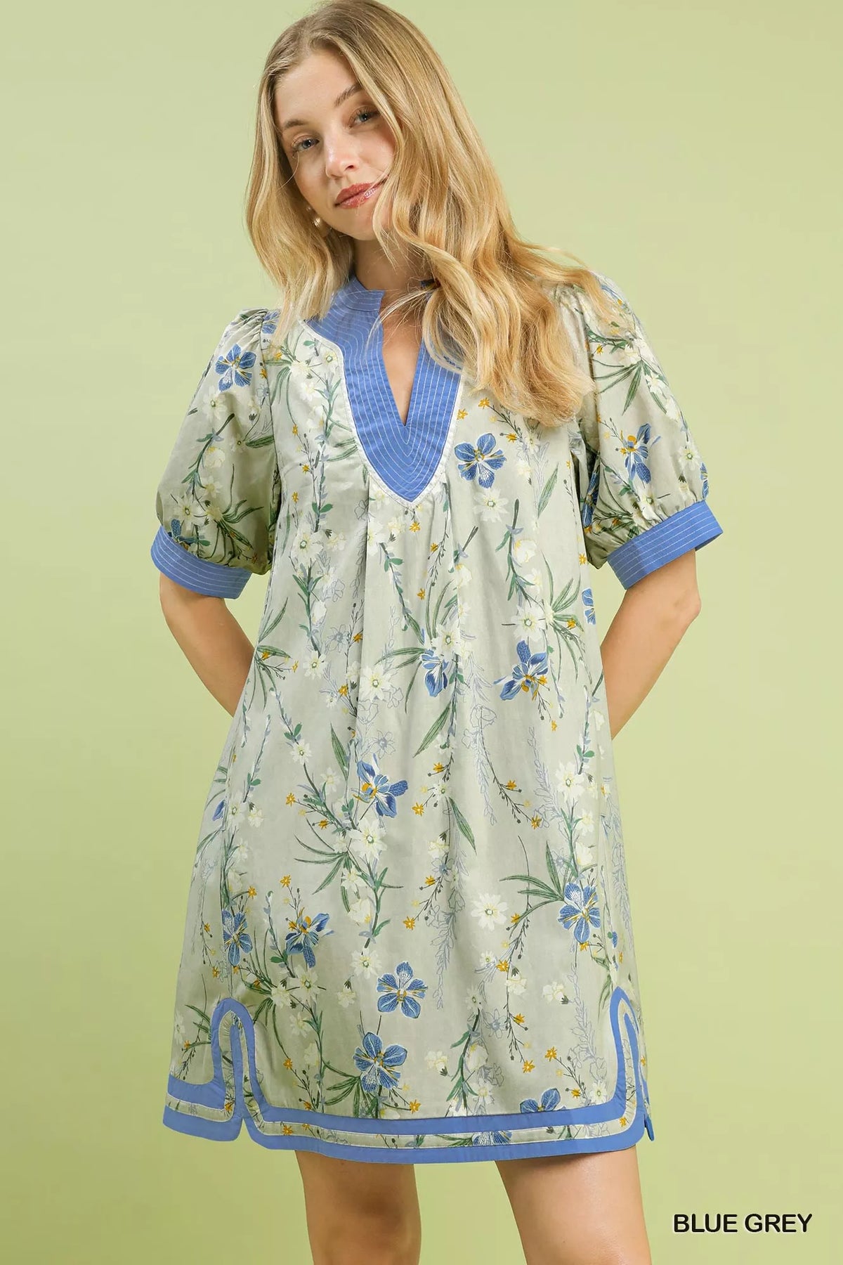 Umgee Floral Puff Sleeve Dress with Contrast Trim - Blue Grey