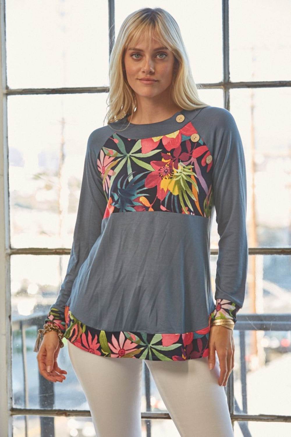 Celeste Full Size Tropical Print Long Sleeve T-Shirt - DaTrendStore.Com