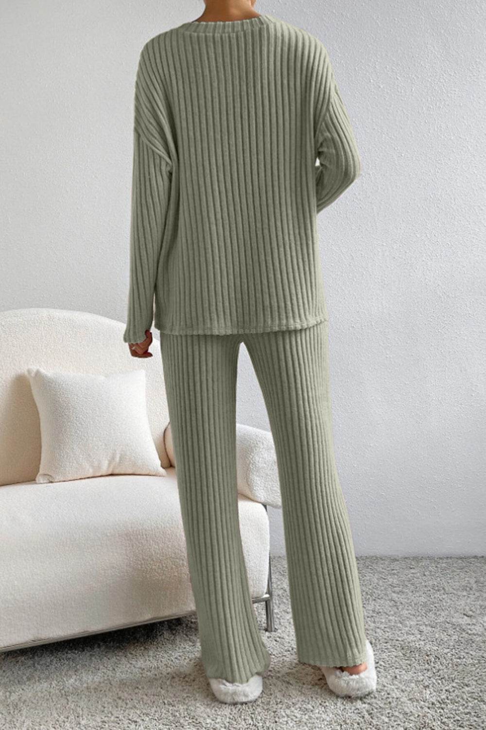 Ribbed V-Neck Top and Pants Set - DaTrendStore.Com