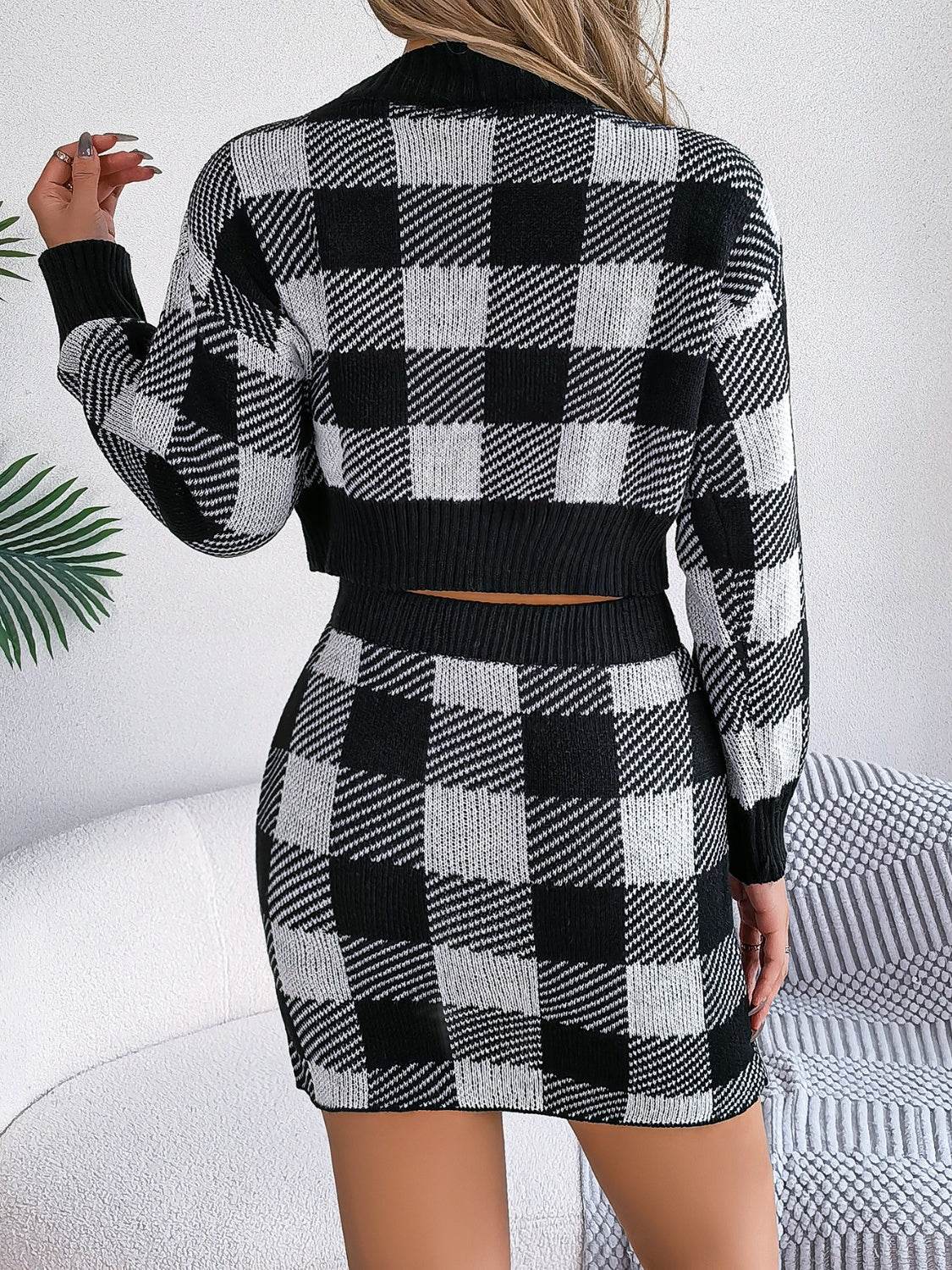 Plaid Round Neck Top and Skirt Sweater Set - DaTrendStore.Com