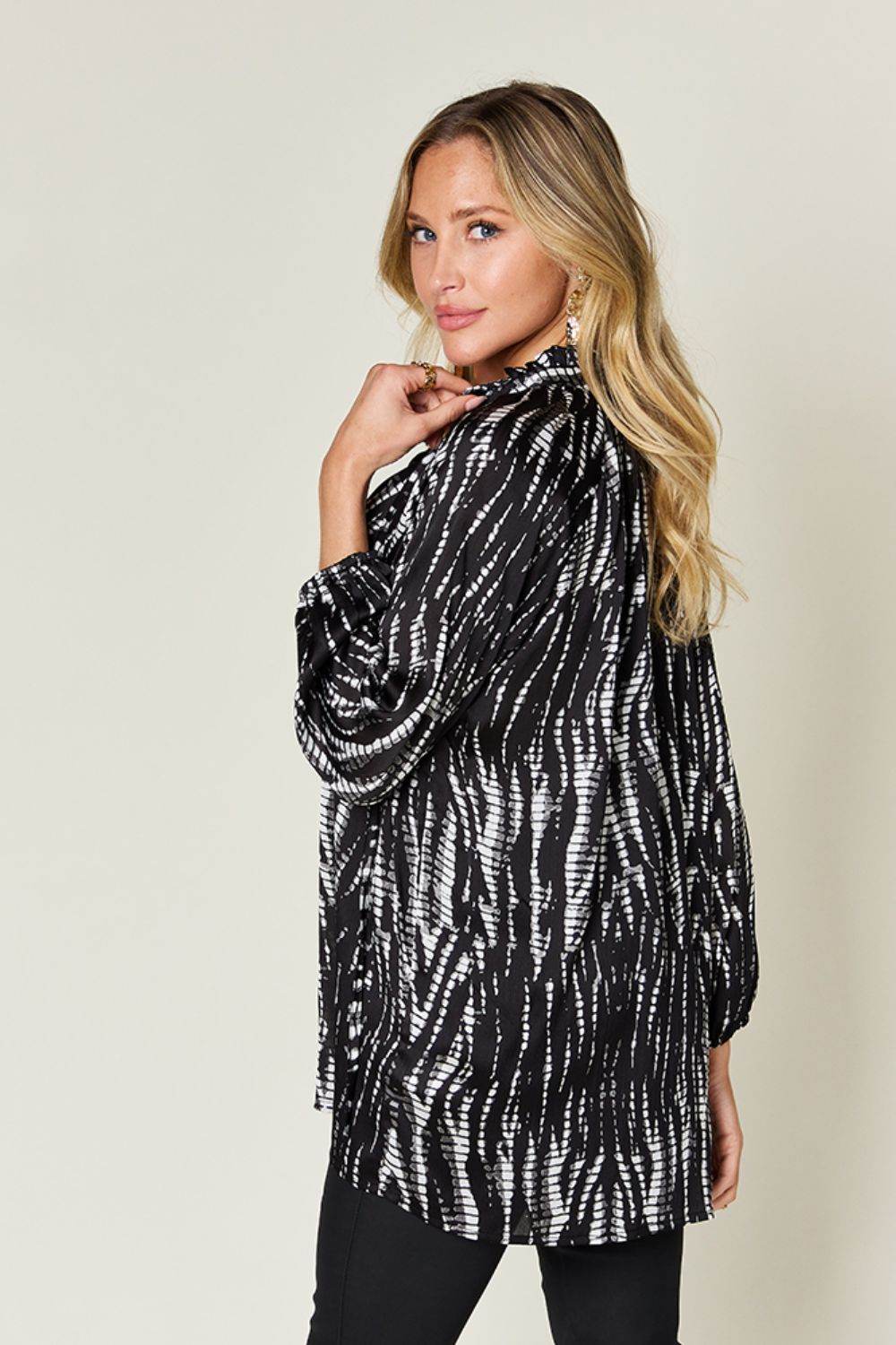 Double Take Full Size Printed Button Up Long Sleeve Shirt - DaTrendStore.Com