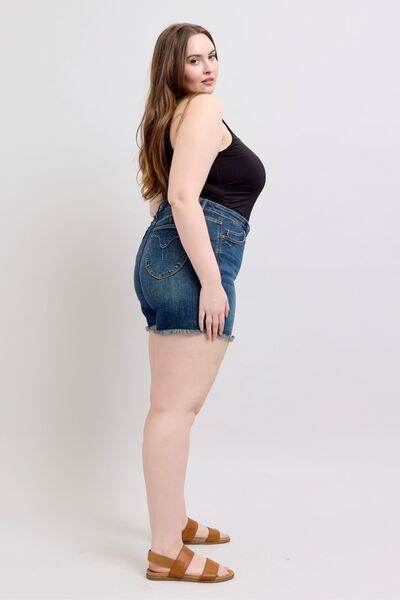 Judy Blue Tummy Control Fray Hem & Shield Back Pockets Denim Shorts - DaTrendStore.Com