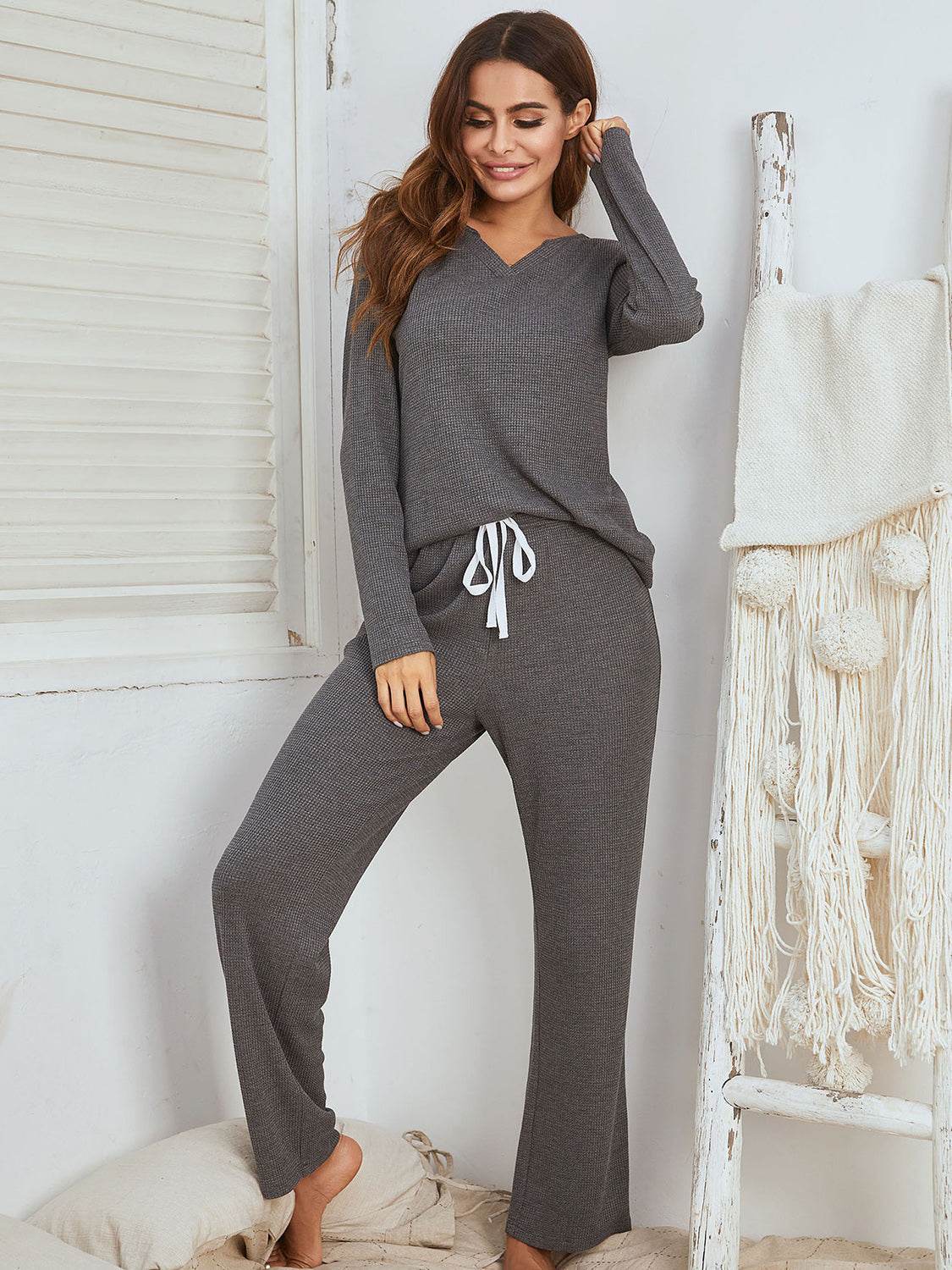 Notched Long Sleeve Top and Pants Set - DaTrendStore.Com