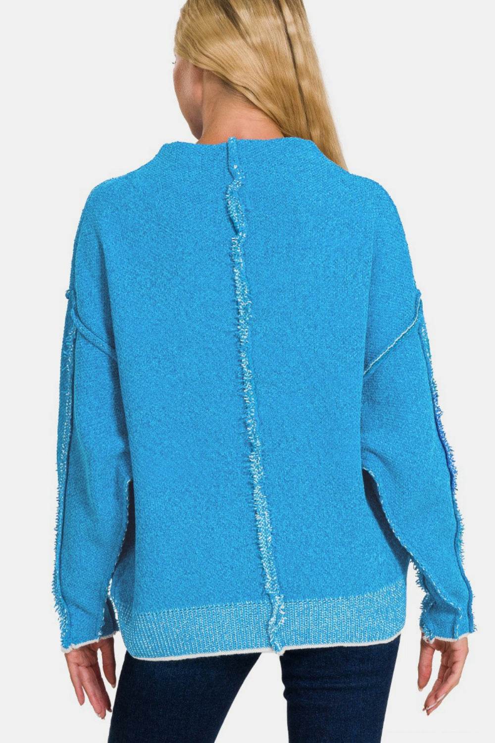 Zenana Exposed Seam Mock Neck Long Sleeve Sweater - DaTrendStore.Com