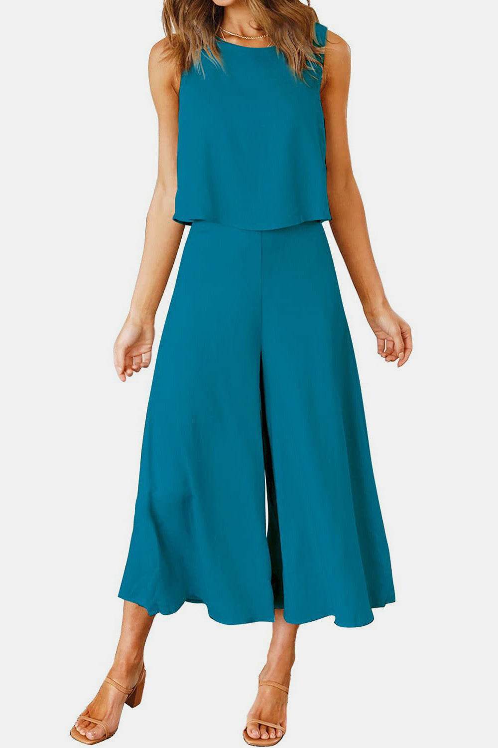 Round Neck Top and Wide Leg Pants Set - DaTrendStore.Com