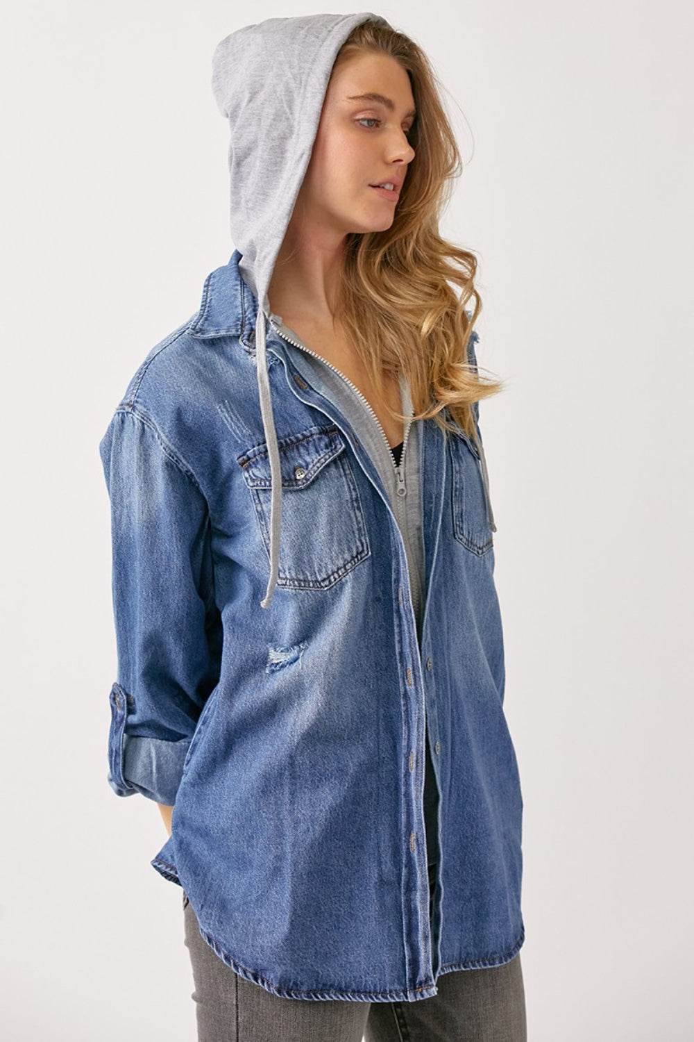 RISEN Zip Up Hooded Denim Shirt - DaTrendStore.Com