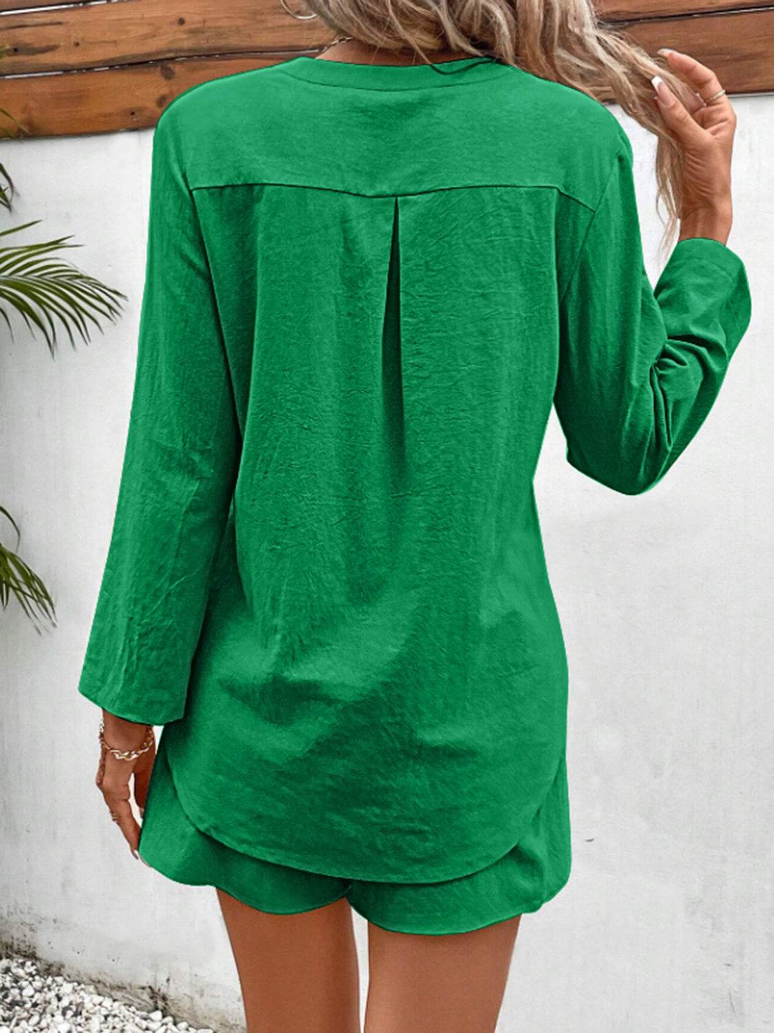 Notched Long Sleeve Top and Shorts Set - DaTrendStore.Com