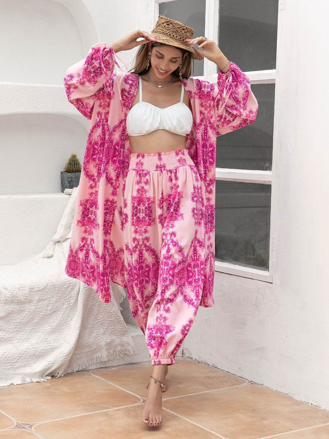 Printed Open Front Top and Pants Set - DaTrendStore.Com