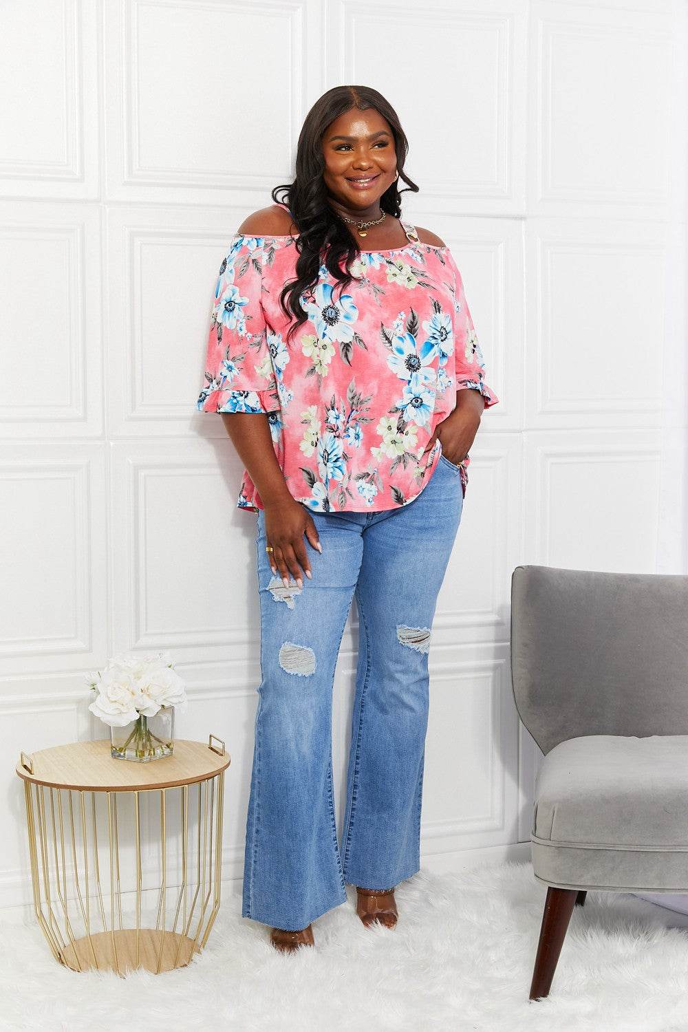 Sew In Love Full Size Fresh Take Floral Cold-Shoulder Top - DaTrendStore.Com