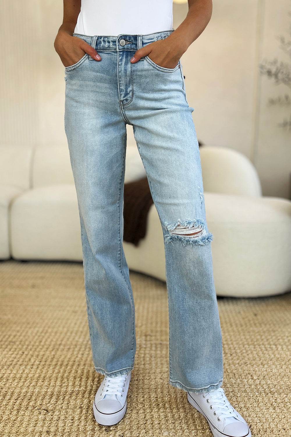 Judy Blue Full Size High Waist Distressed Straight Jeans - DaTrendStore.Com