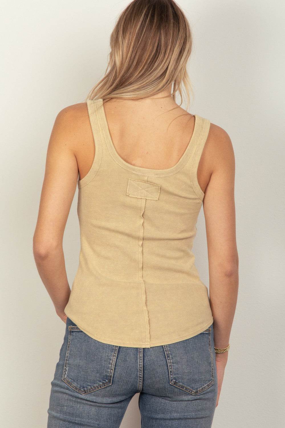 VERY J Washed Ribbed Tank with Placket Detail - DaTrendStore.Com