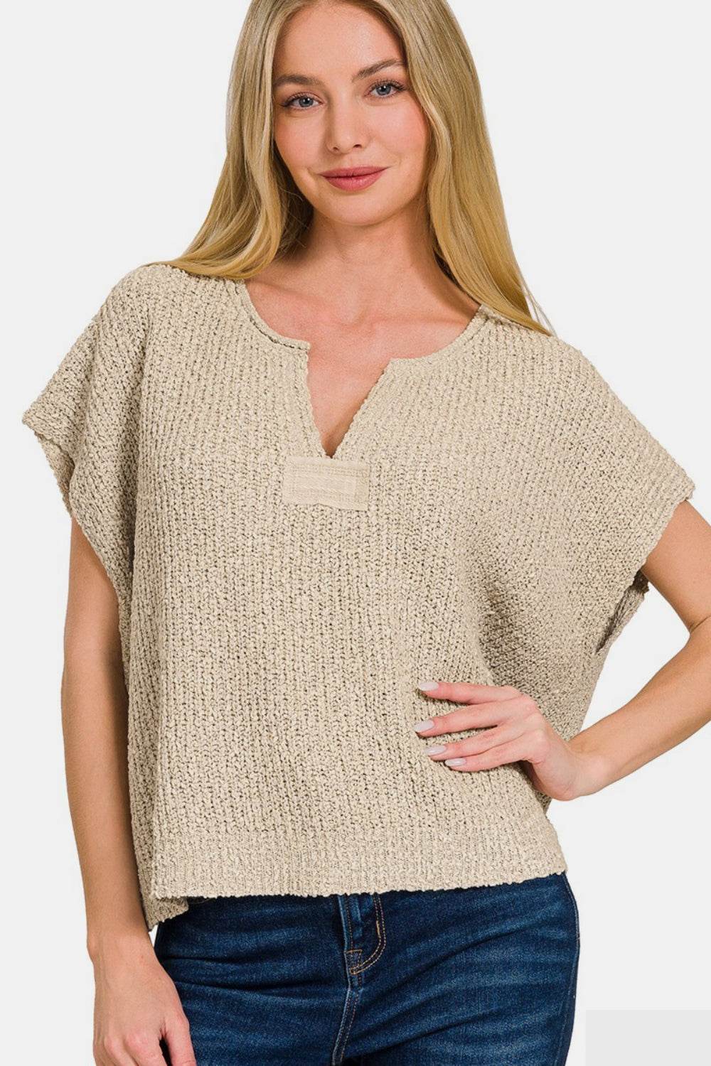 Zenana Short Sleeve Side Slit Sweater - DaTrendStore.Com