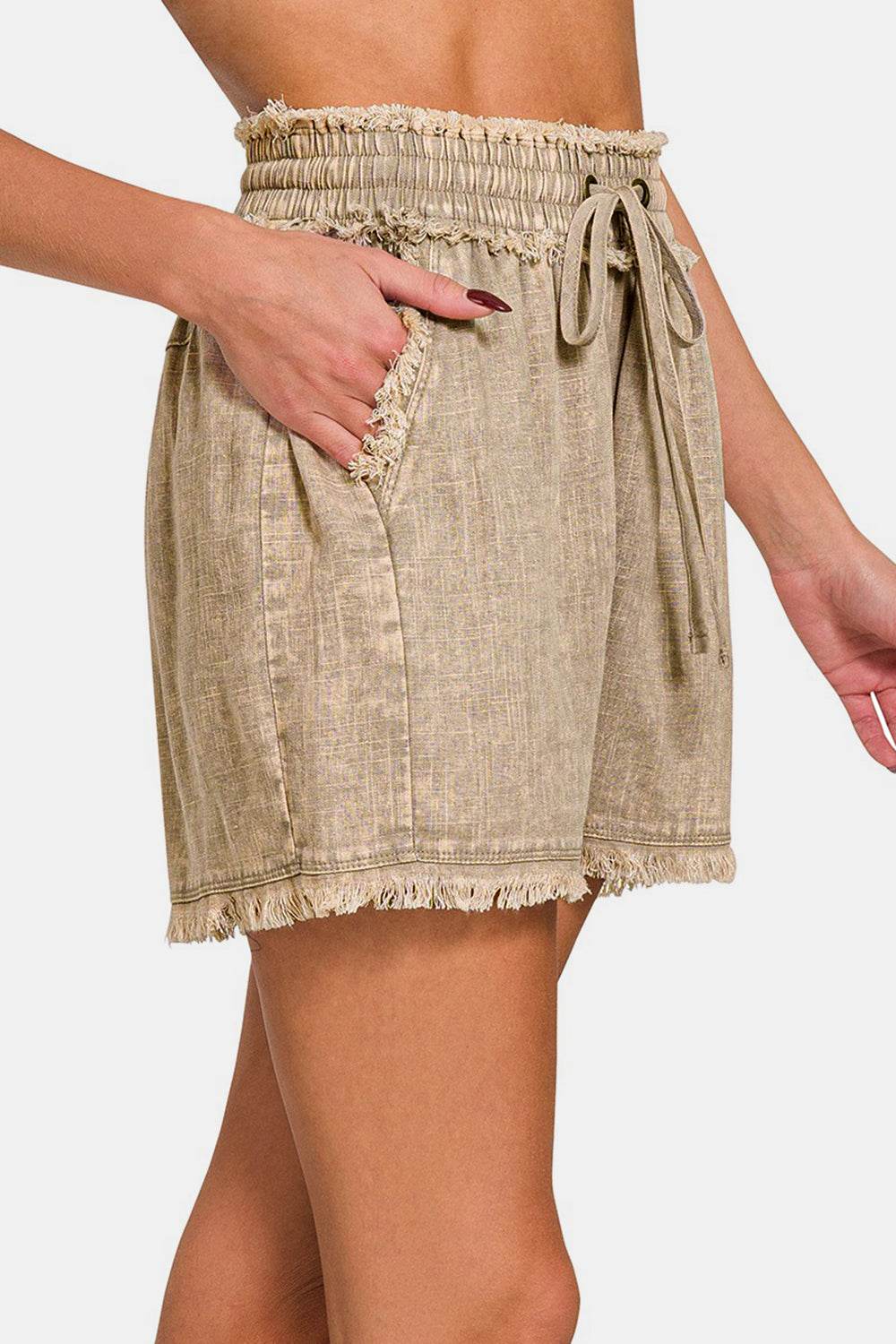 Zenana Washed Linen Frayed Hem Drawstring Shorts - DaTrendStore.Com