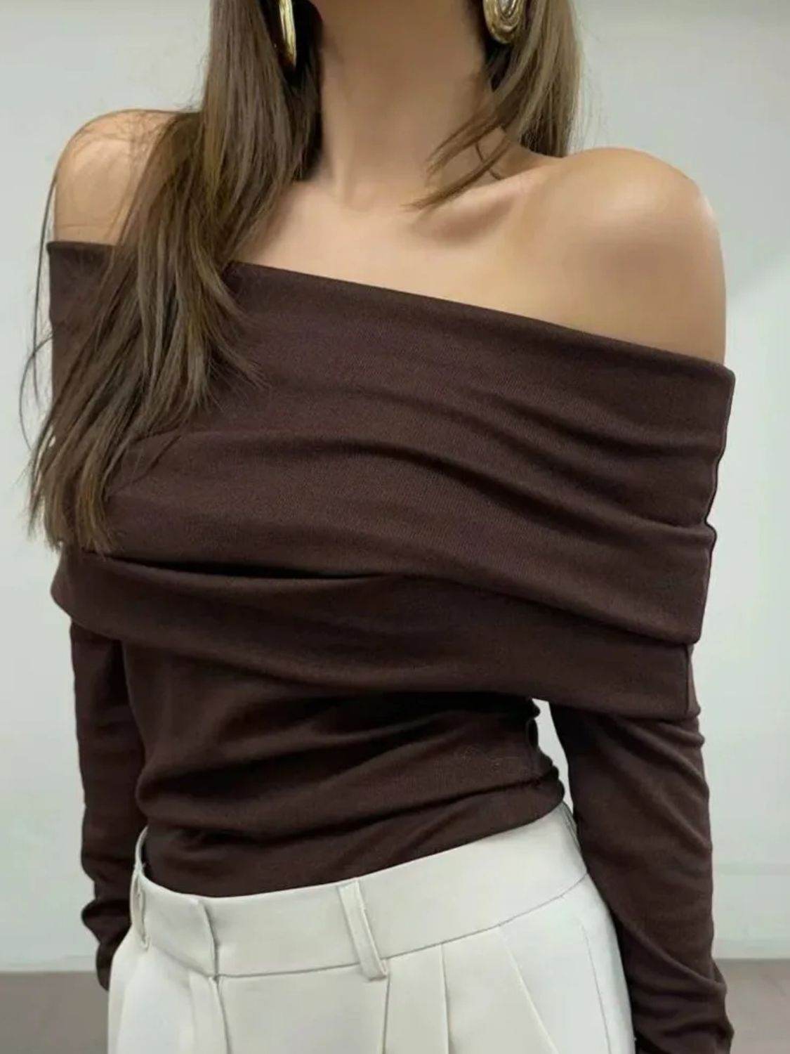 Off-Shoulder Long Sleeve Knit Top - DaTrendStore.Com