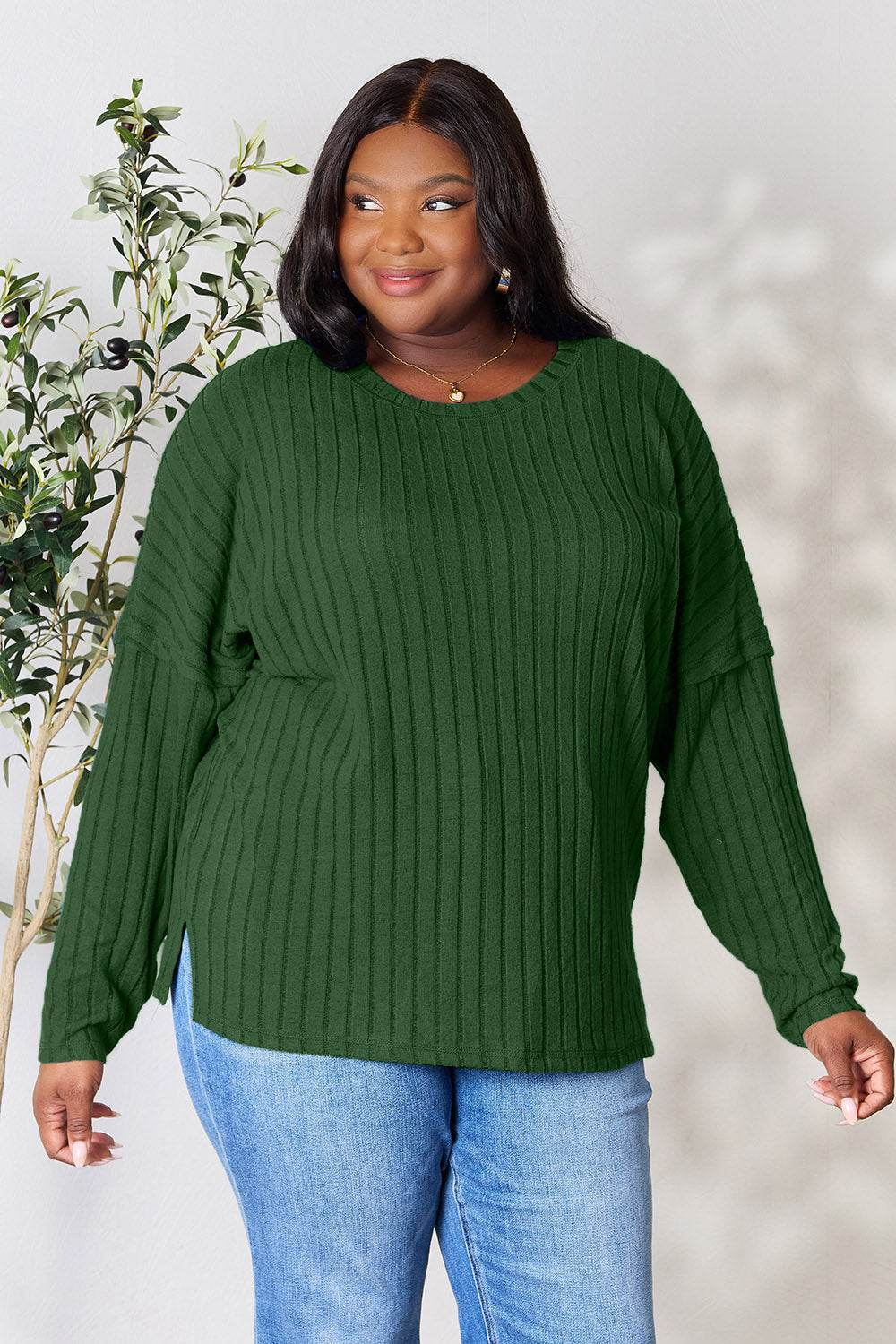 Basic Bae Full Size Ribbed Round Neck Slit Knit Top - DaTrendStore.Com