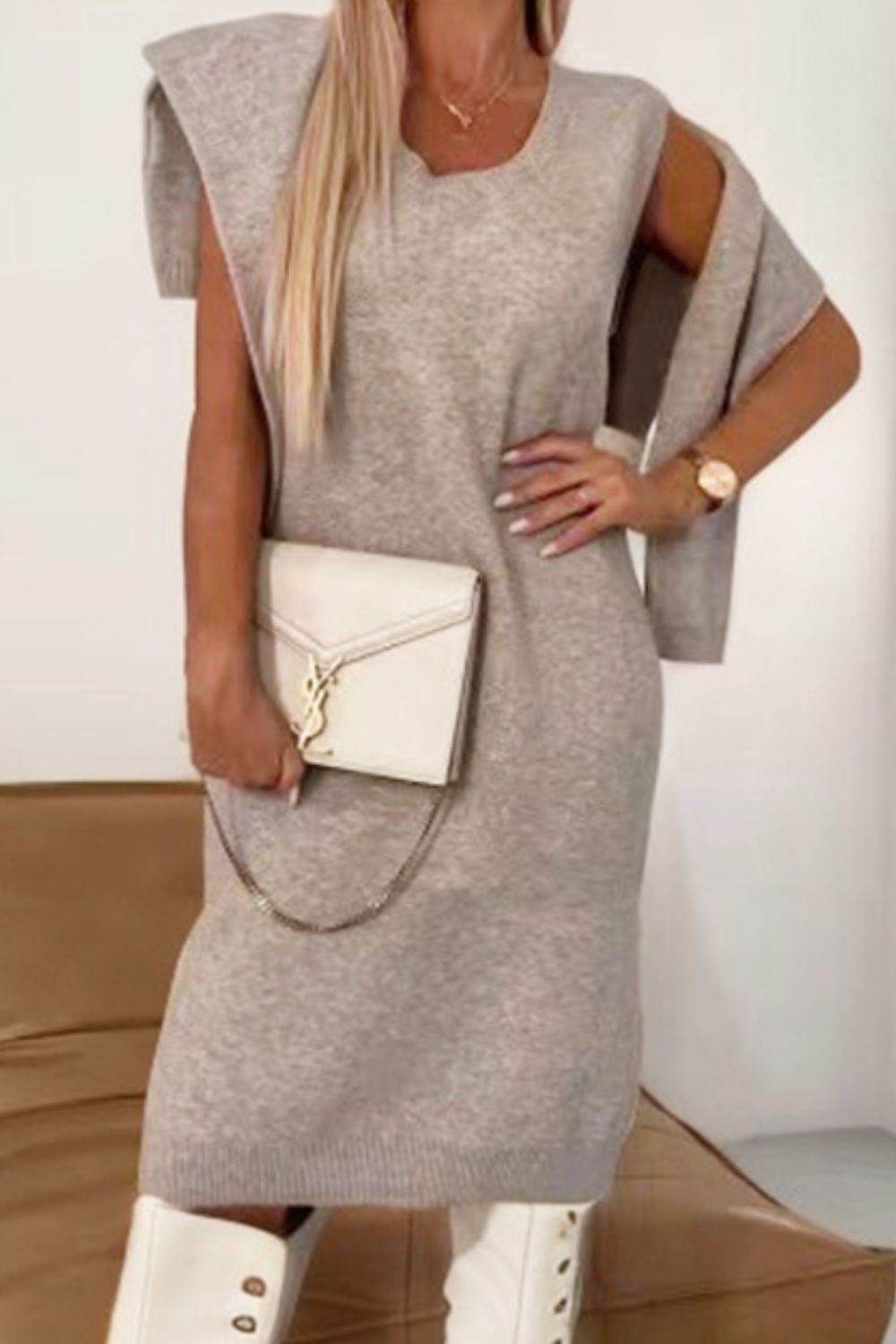 Turtleneck Dropped Shoulder Sweater and Midi Dress Sweater Set - DaTrendStore.Com