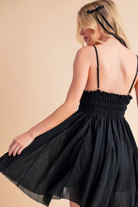 Aemi+Co Black Lace-Detail Mini Cami Dress
