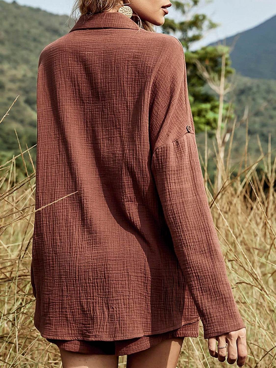 Texture Button Up Shirt and Shorts Set - DaTrendStore.Com