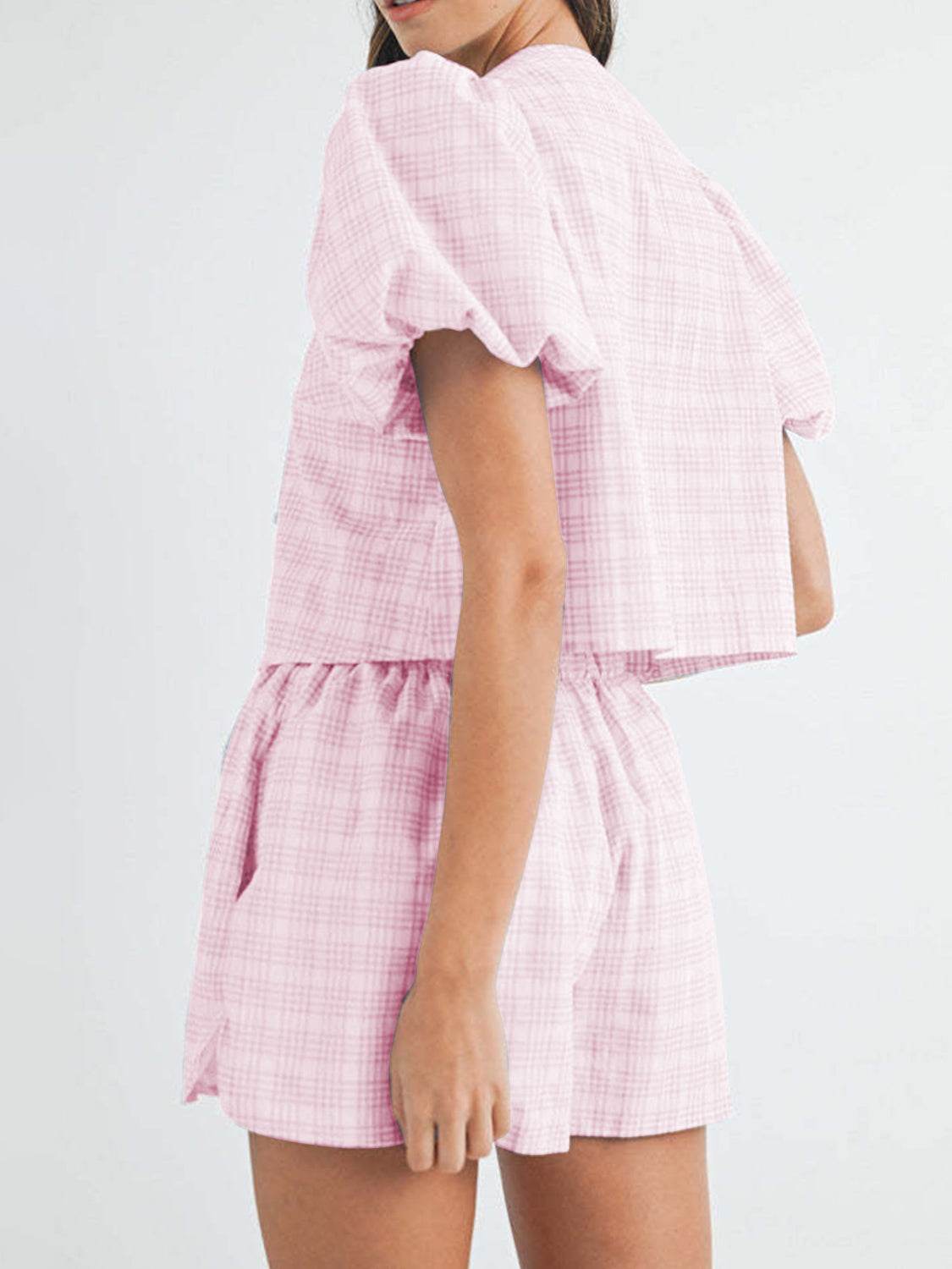 V-Neck Puff Sleeve Top and Shorts Set - DaTrendStore.Com