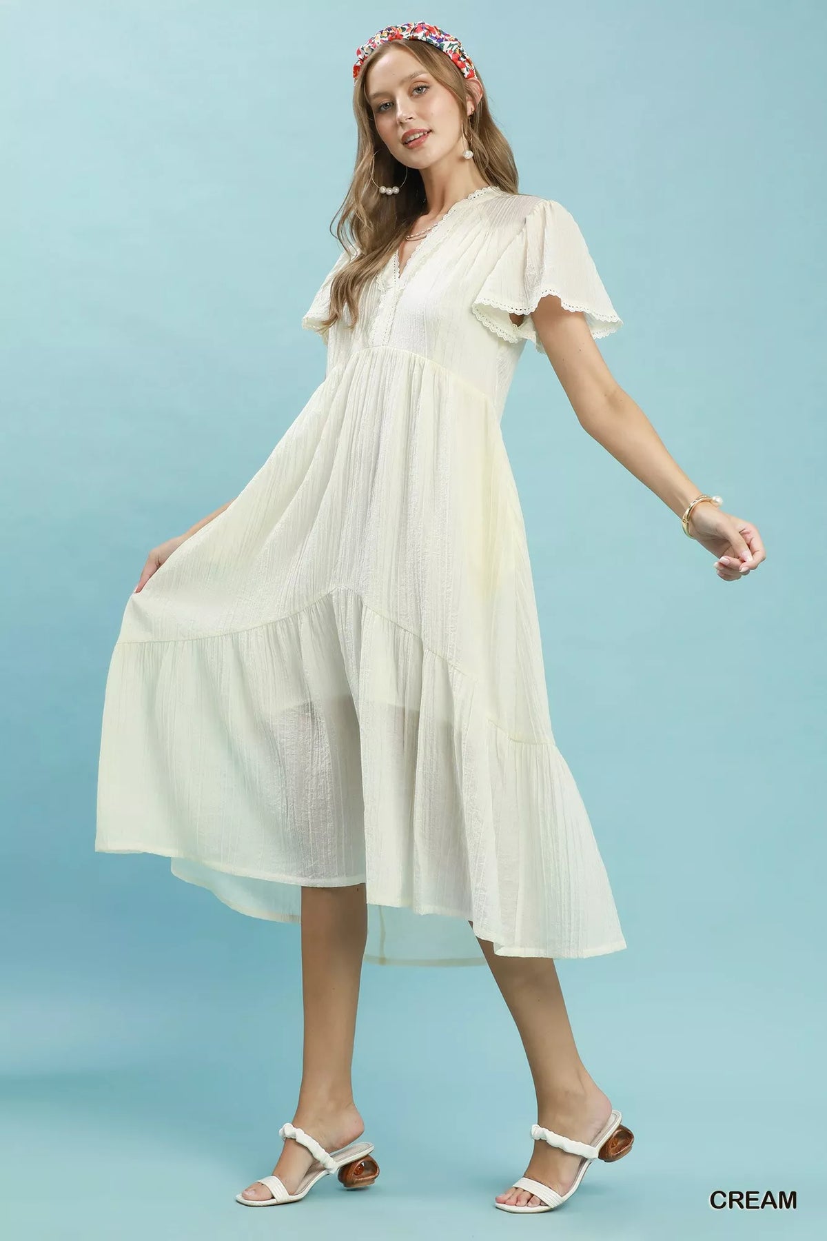 Umgee Textured Tiered Midi Dress with Side Pockets - Cream