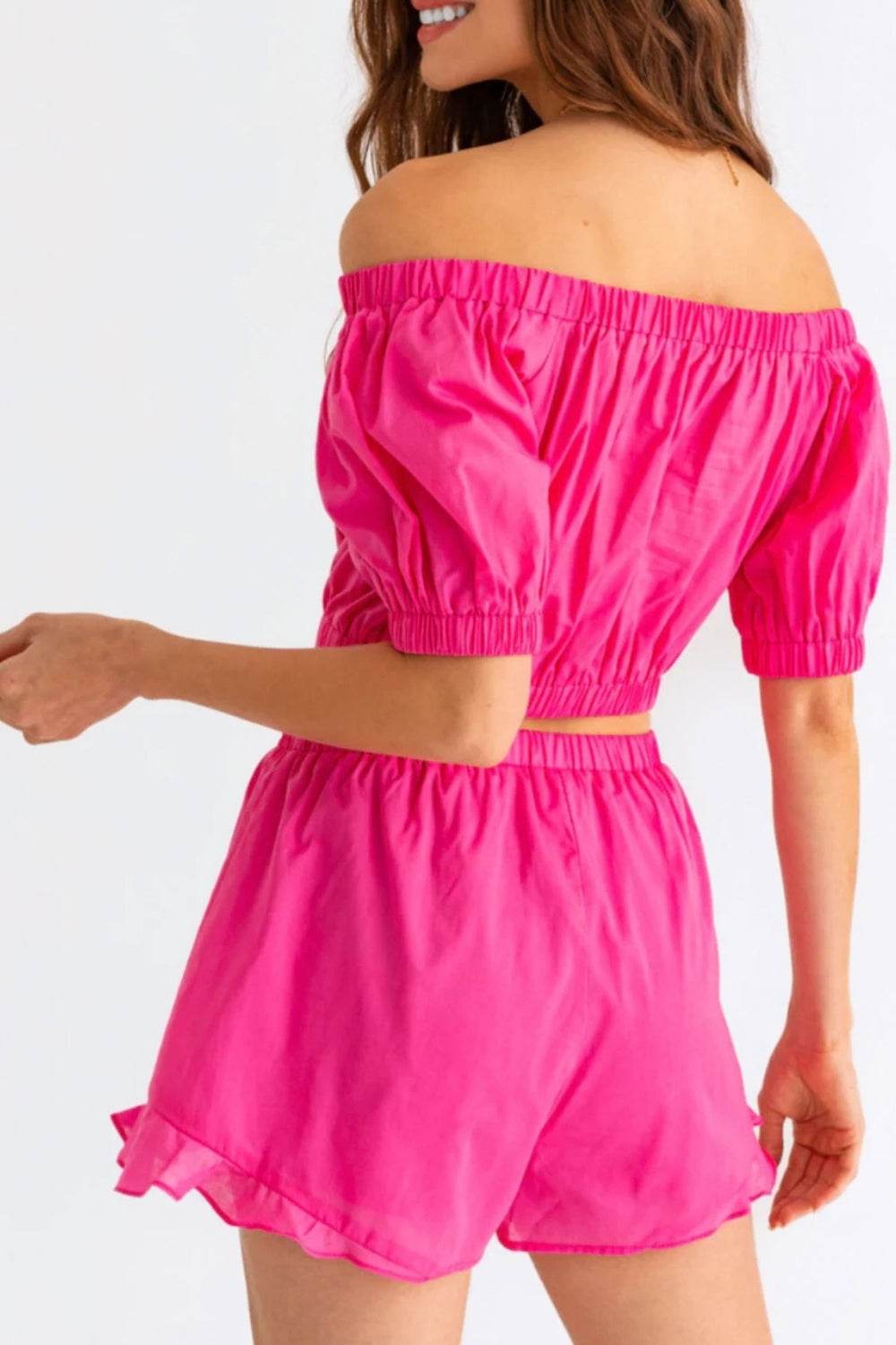 Le Lis Off Shoulder Crop Top and Ruffled Shorts Set - DaTrendStore.Com