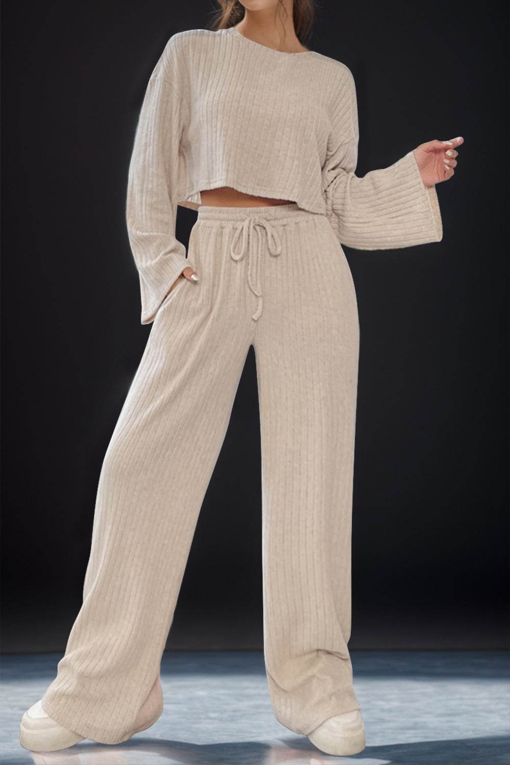 Round Neck Long Sleeve Top and Pants Set - DaTrendStore.Com